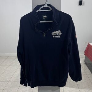 Roots Men's Navy Zip-Up Sweater. BANFF EXCLUSIVE large
